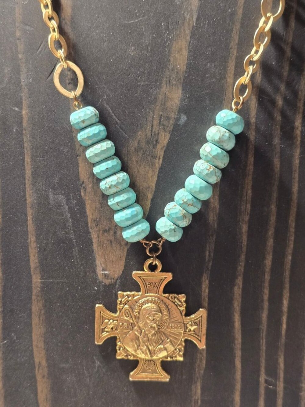 Full Trust Saint Ben Virtual Turquoise Brass Cross Necklace